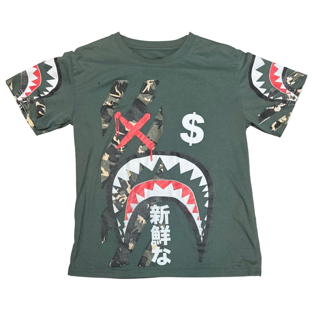 Fresh Laundry Shark Mouth Camo Graphic T-Shirt Olive Green Boys XL 14/16